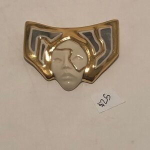 LAS Artistic Gold and White Mask Brooch